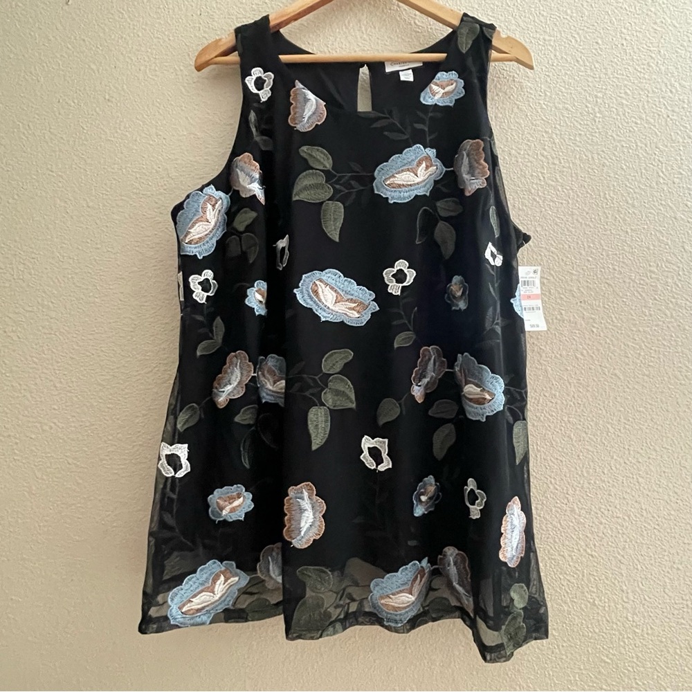 Charter Club semi sheer Black Floral Embroidered‎ Mesh Tank Blouse Top - Picture 2 of 10